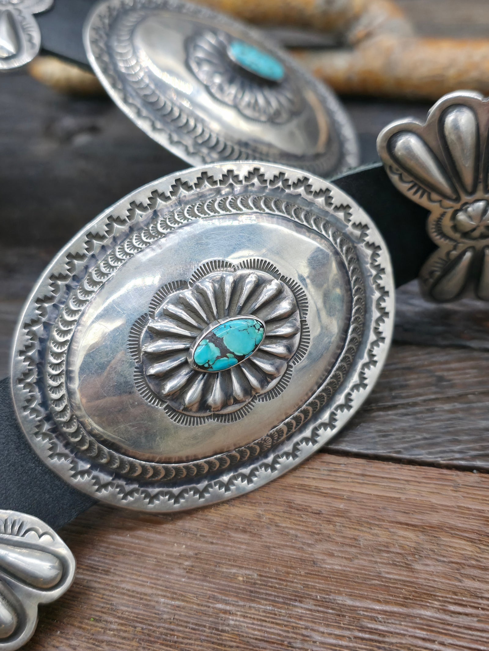 Vintage/Estate Stamped Sterling Silver Turquoise Concho Belt by Gilbert Tom - 46 in.