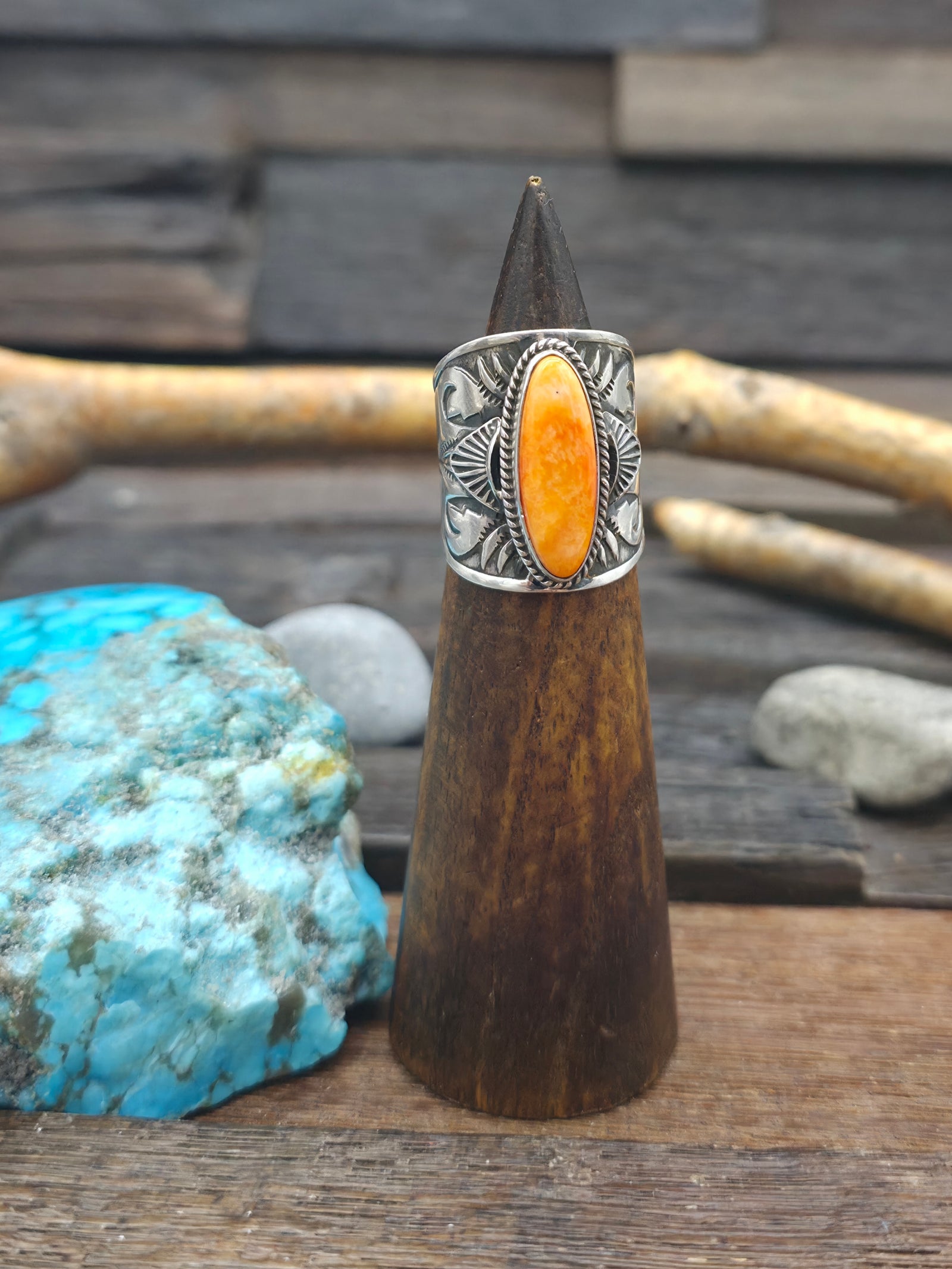 Stamped Sterling Silver and Orange Spiny Wide Band Ring by Derrick Cadman - Size 8 1/2