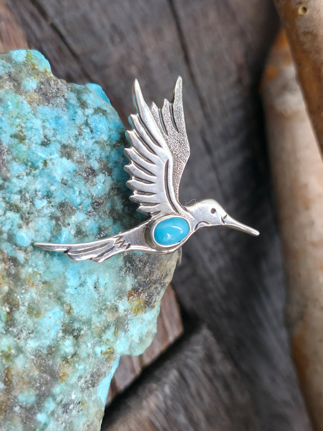 Sterling Silver Hummingbird Pin with Turquoise by Lee Charley - 1 1/2 in. by 1 in.