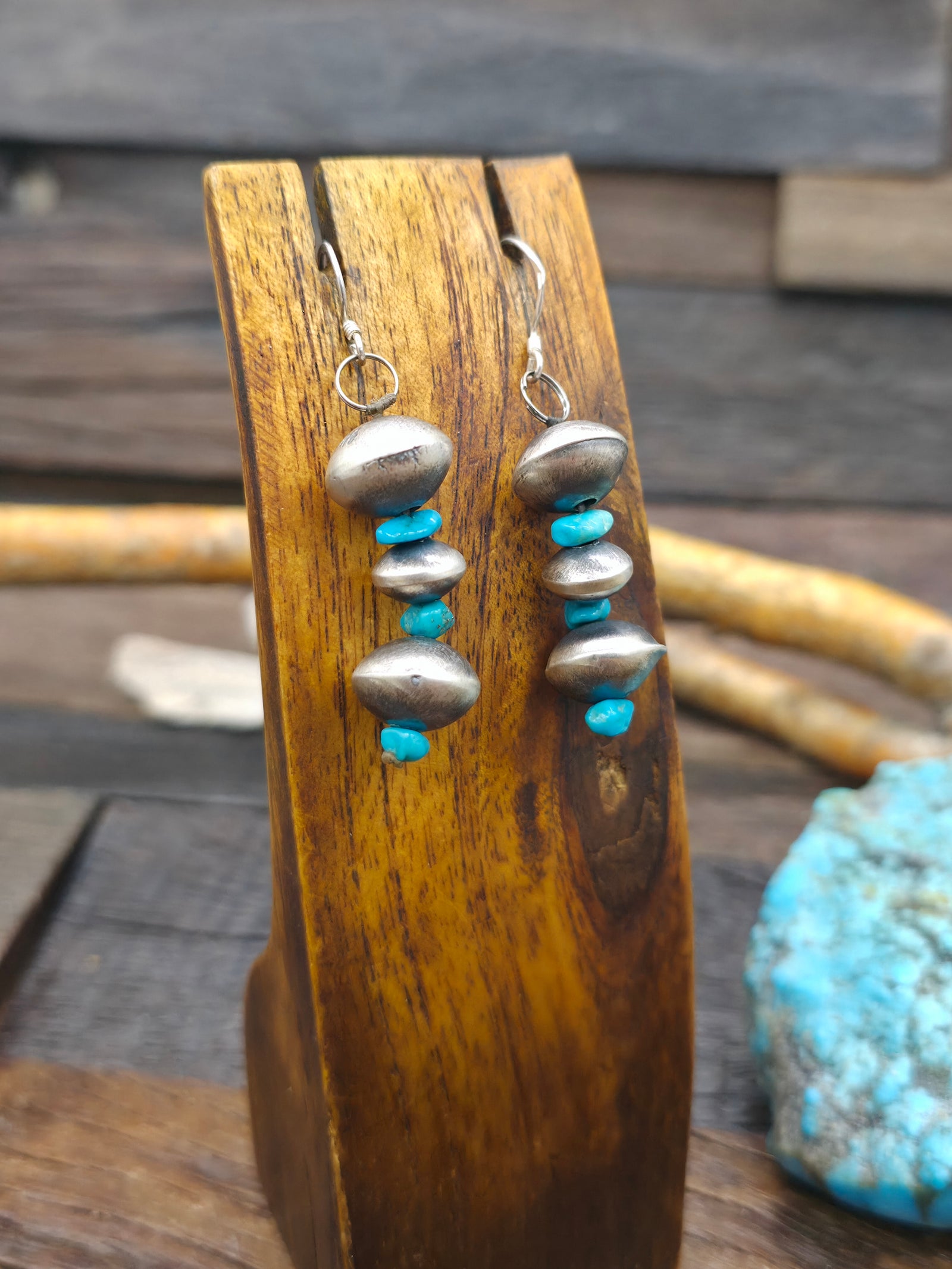 Sterling Silver Bead and Blue Turquoise Nugget Earrings by Itancio Manuelito - 2 1/4 in. by 1/2 in.