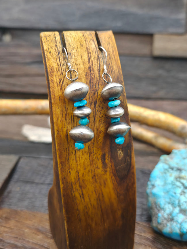 Sterling Silver Bead and Blue Turquoise Nugget Earrings by Itancio Manuelito - 2 1/4 in. by 1/2 in.