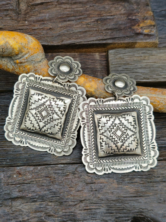 Large Sterling Silver Stamped Square Earrings by Leander Tahe