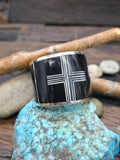 Sterling Silver Mother of Pearl and Onyx Santa Fe Cross Inlay Bracelet by Charles Willie - 6 1/2 in. with Gap