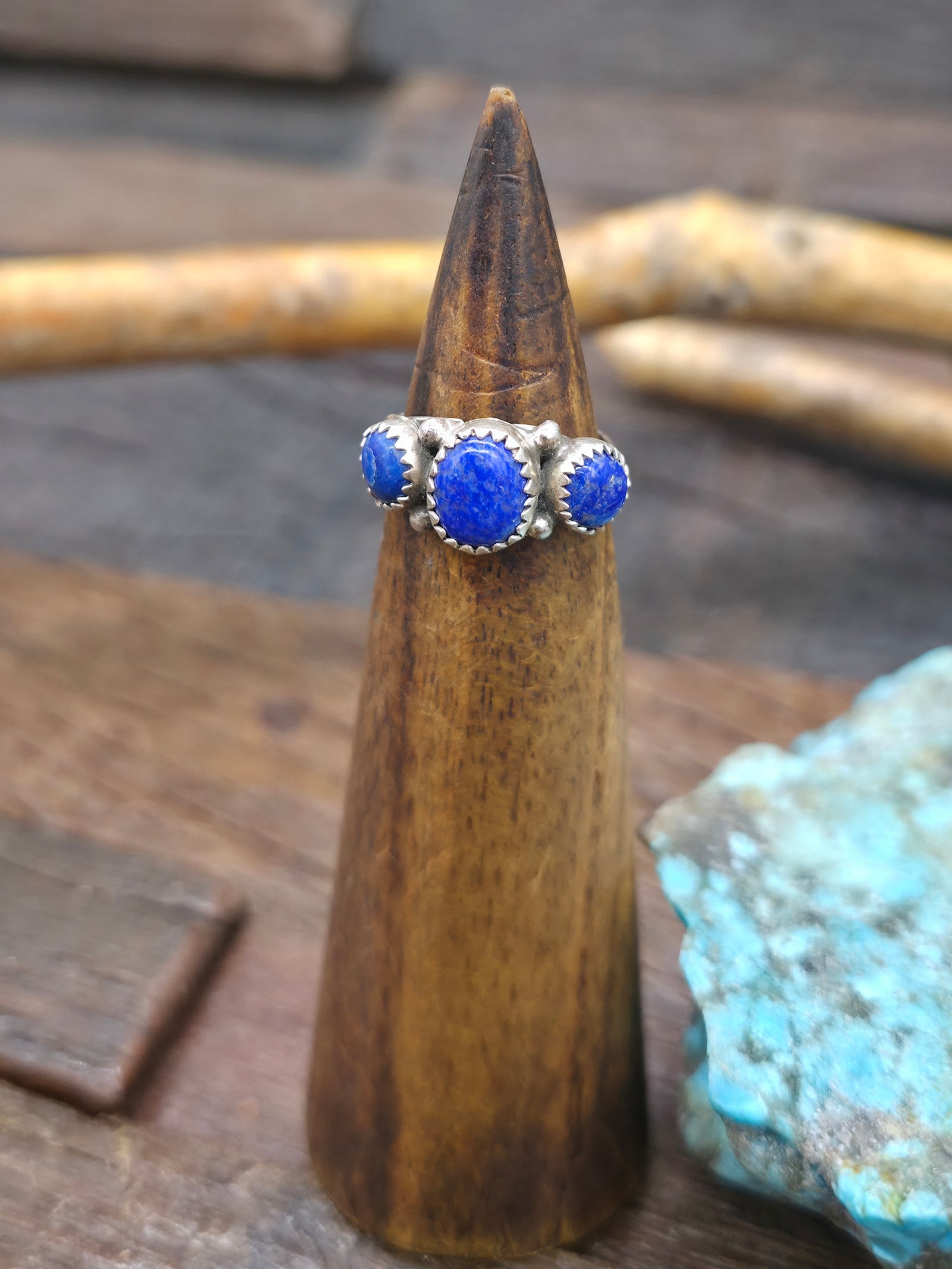 Three Stone Sterling Silver Lapis Lazuli Ring by Maritta Martinez - Size 6