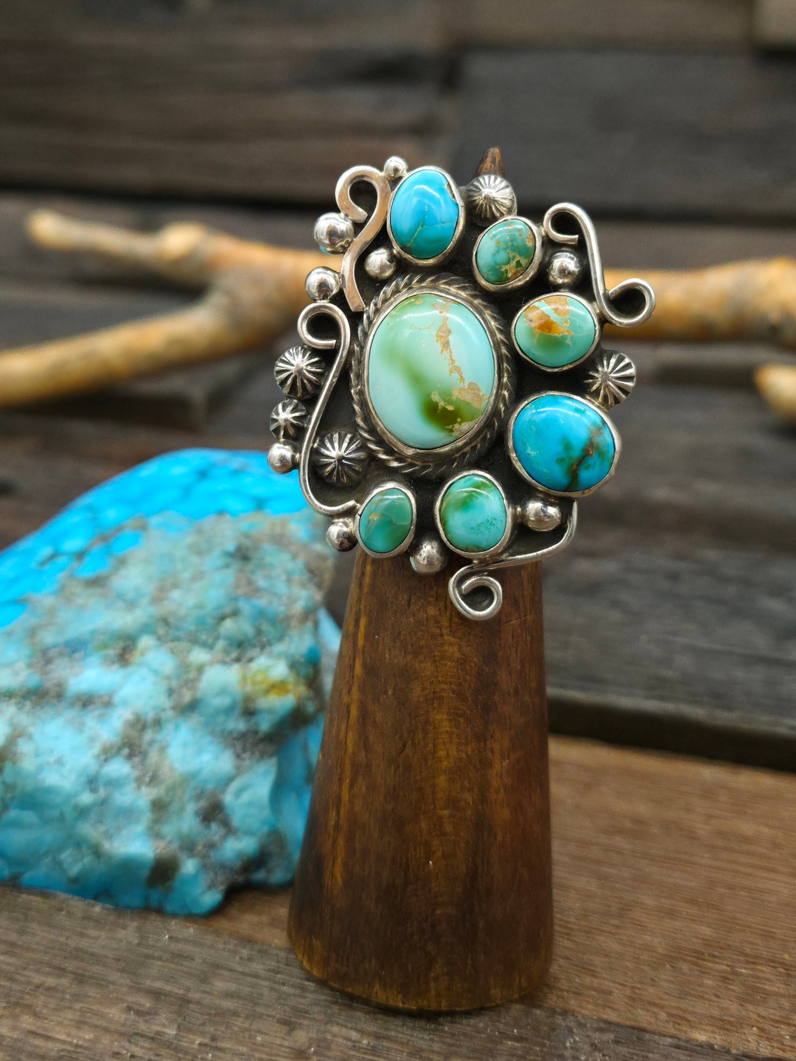 Mixed Turquoise Sterling Silver Cluster Ring by Geneva Apachito - Size 7