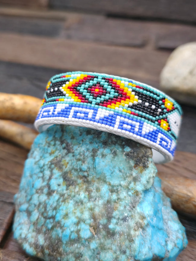 Beadwork Cuff - Two Feather Design with Blue Wave - 6 1/2 in. with Gap