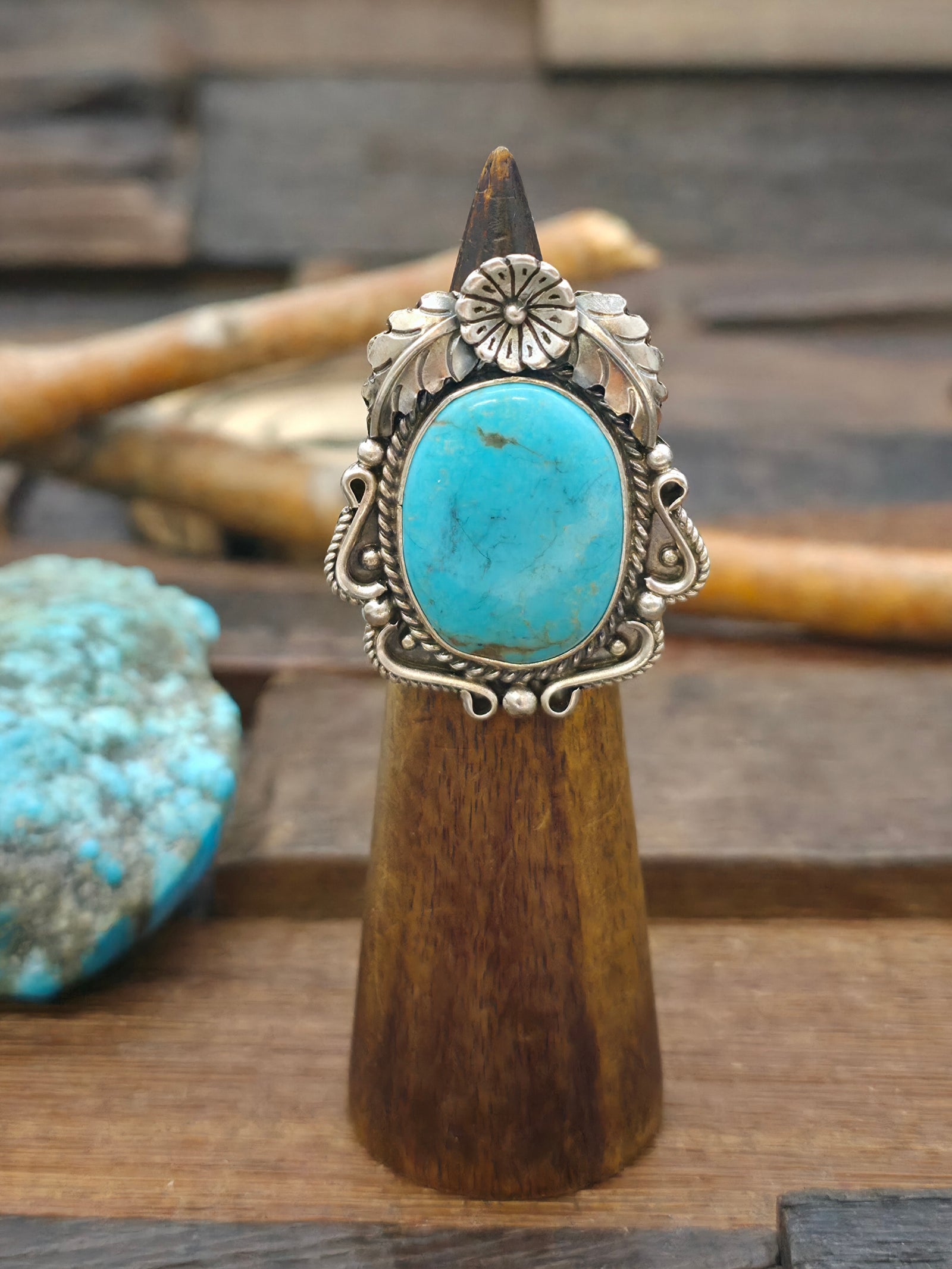 Sterling Silver Flower Applique and Turquoise Ring by Brenda Jimenez - Adjustable