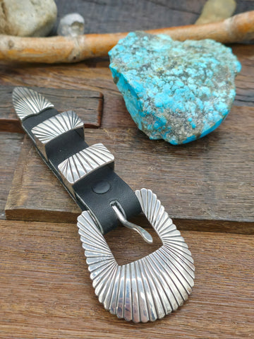 Stamped Sterling Silver and Sonoran Turquoise Belt Buckle by Delbert Delgarito