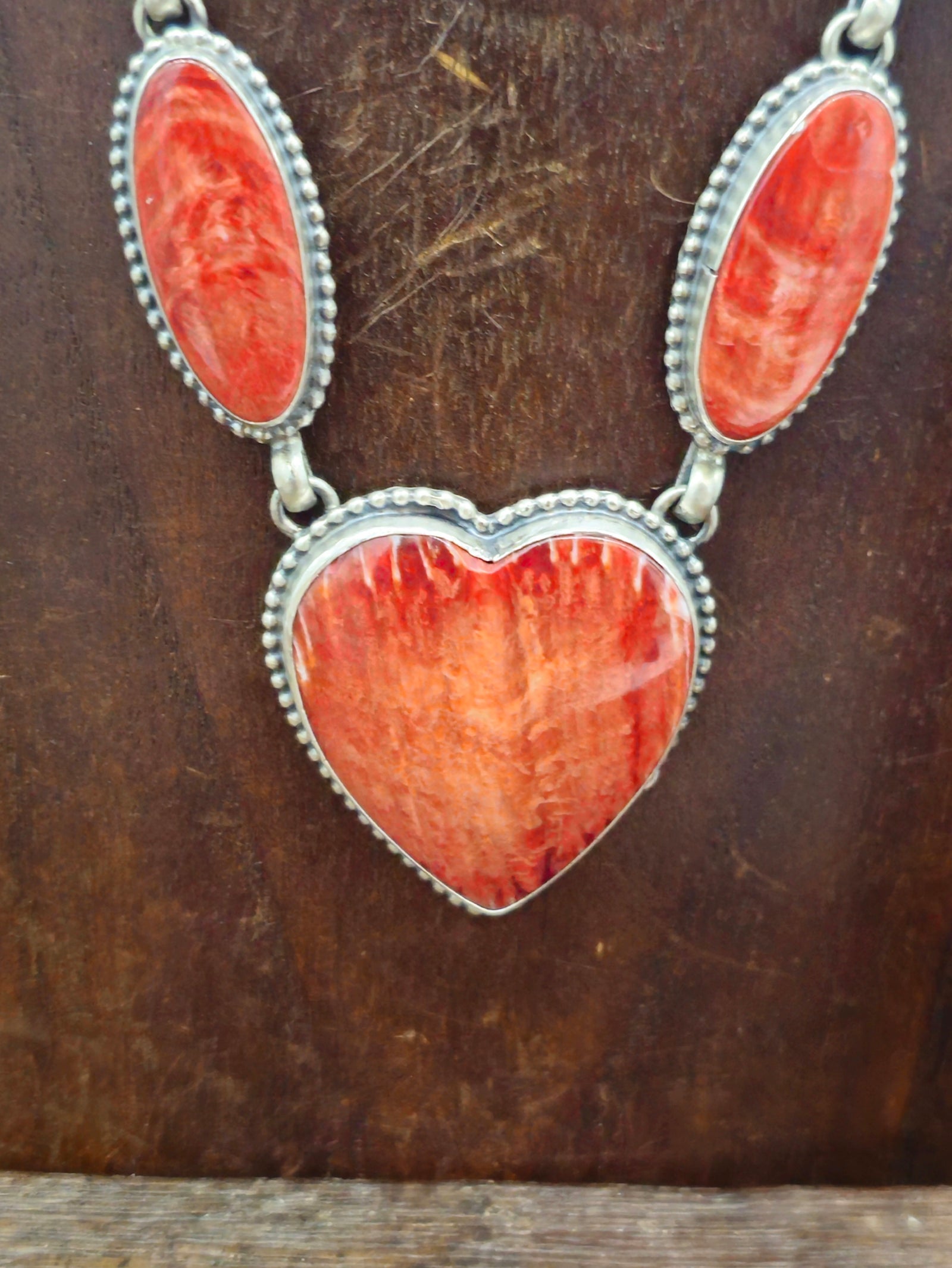 Red Spiny Oyster Heart Lariat Necklace and Earring Set by Darrin Livingston - 22 in.