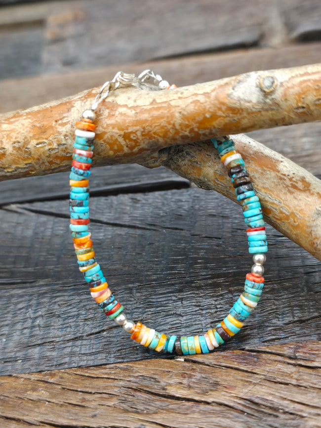 Turquoise Orange and Sterling Silver Beaded Heishi Bracelet - 6 in.