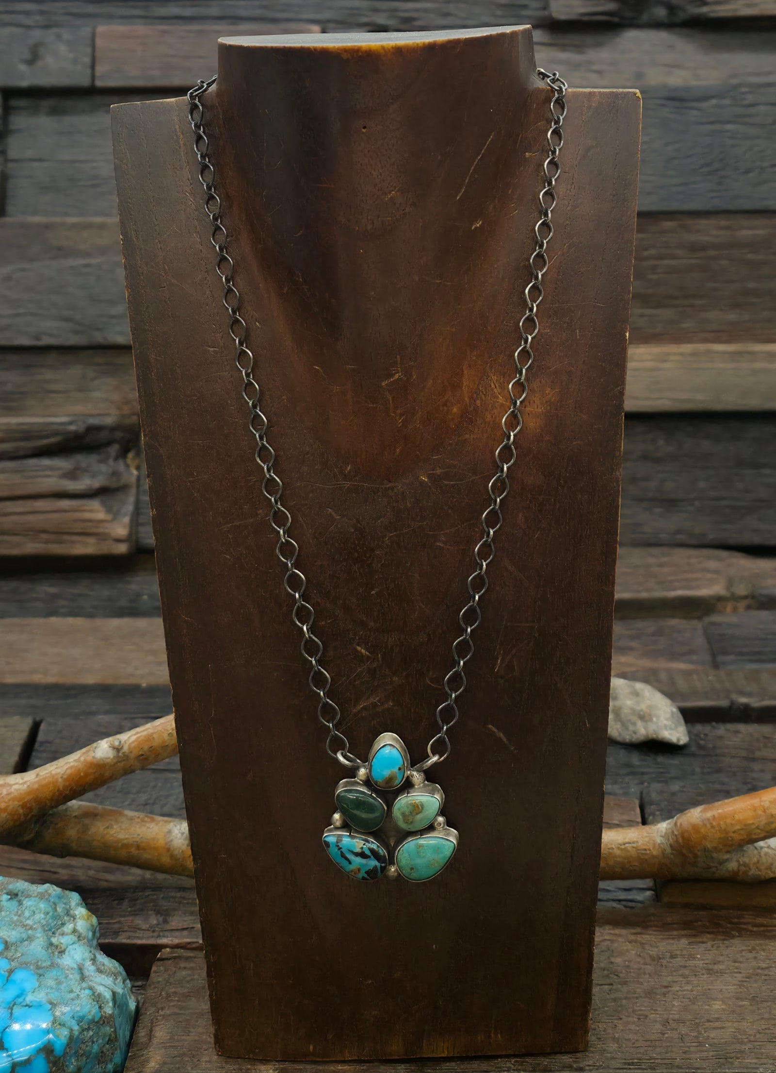Sterling Silver Mixed Turquoise Leaf Pendant Necklace by "VH" - 18 in.