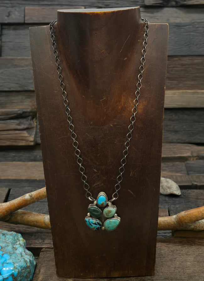 Sterling Silver Mixed Turquoise Leaf Pendant Necklace by "VH" - 18 in.