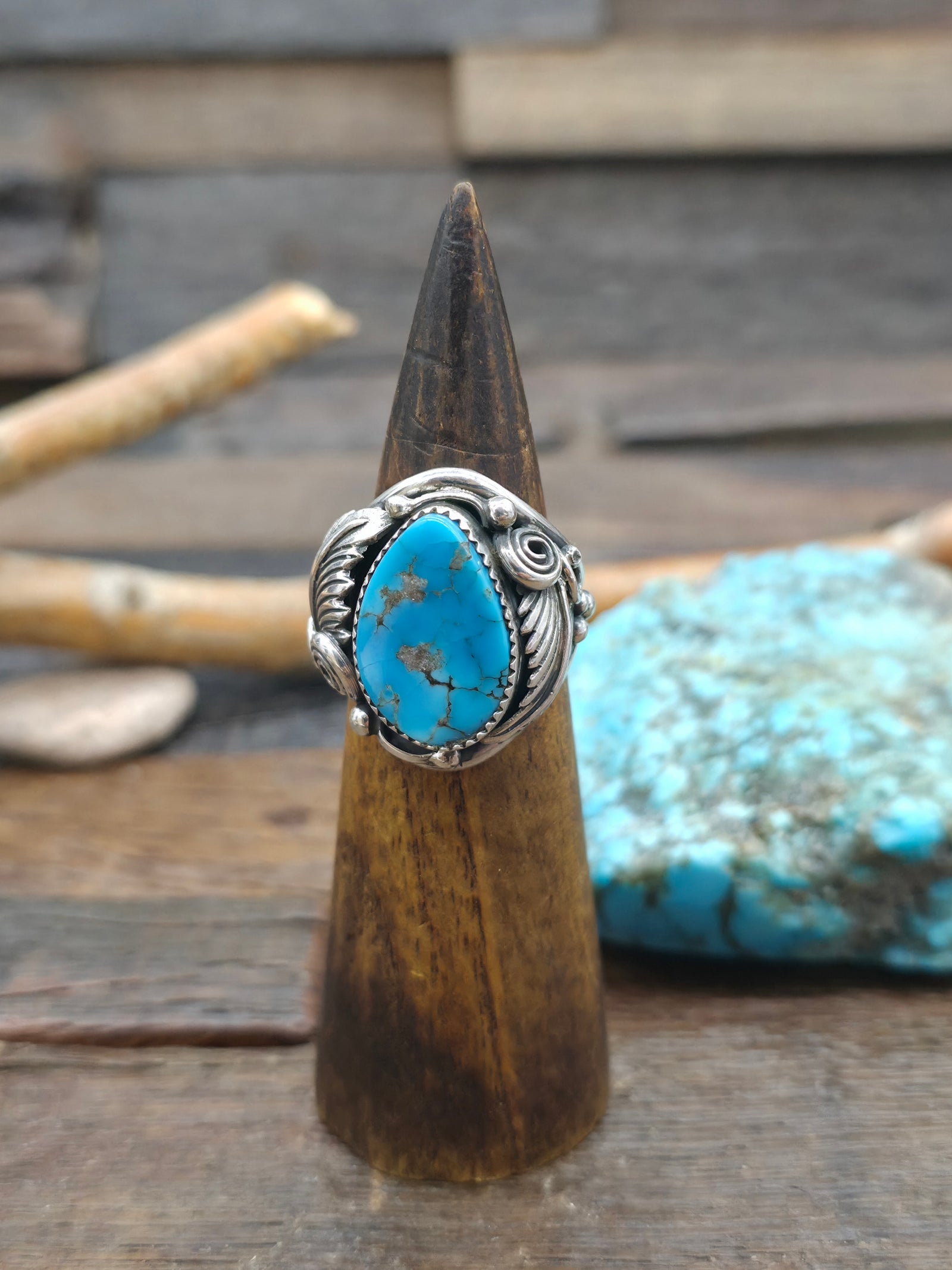 Sterling Silver Turquoise Ring with Leaf Applique by D.M. - Size 10