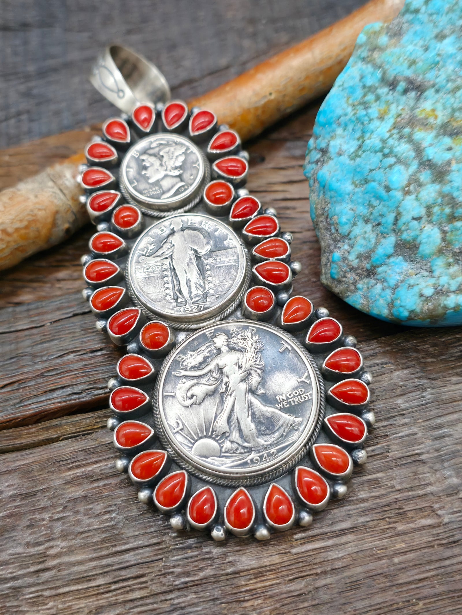 Mercury Dime, Liberty Quarter, and Liberty Half-Dollar Coin Pendant with Coral by Betty Tom