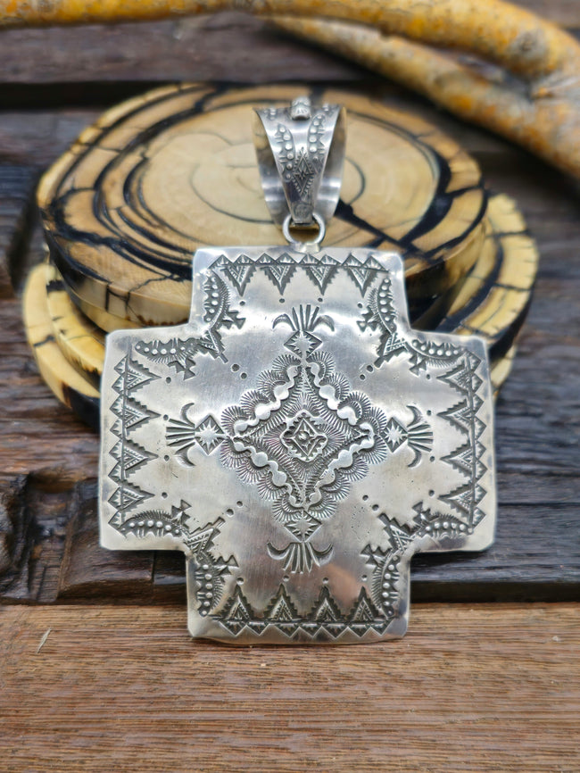 Large Sterling Silver Santa Fe Cross Pendant by Vincent Platero - 4 in