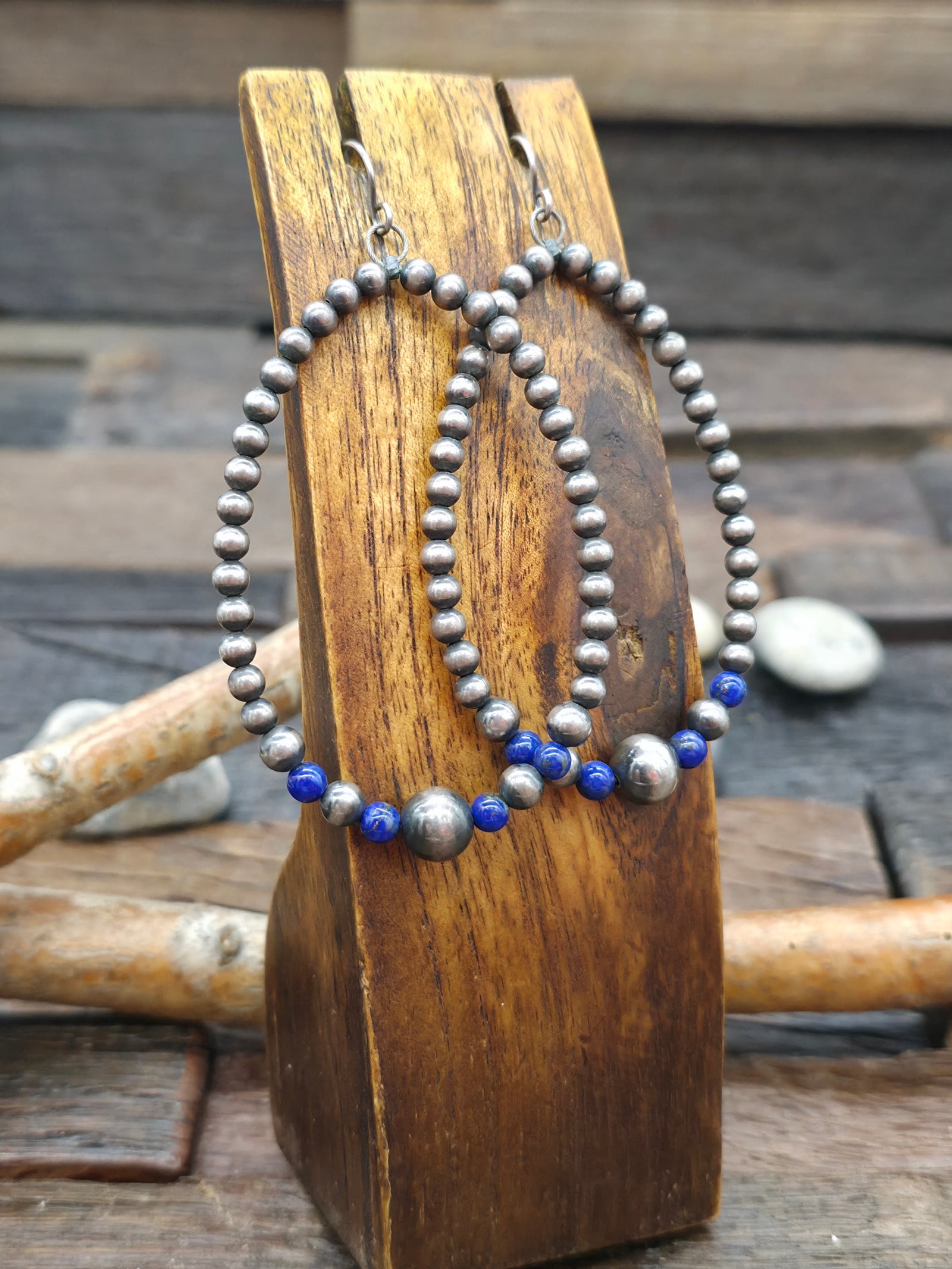 Oxidized Sterling Silver and Lapis Bead Hanging Loop Earrings