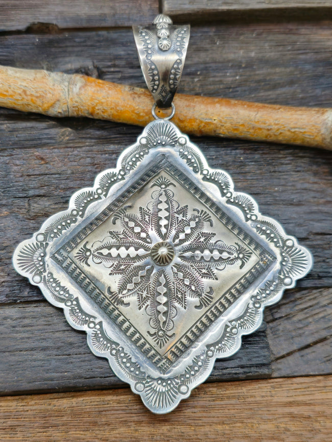 Large Sterling Silver Diamond Shaped Pendant by Vincent Platero - 5 in