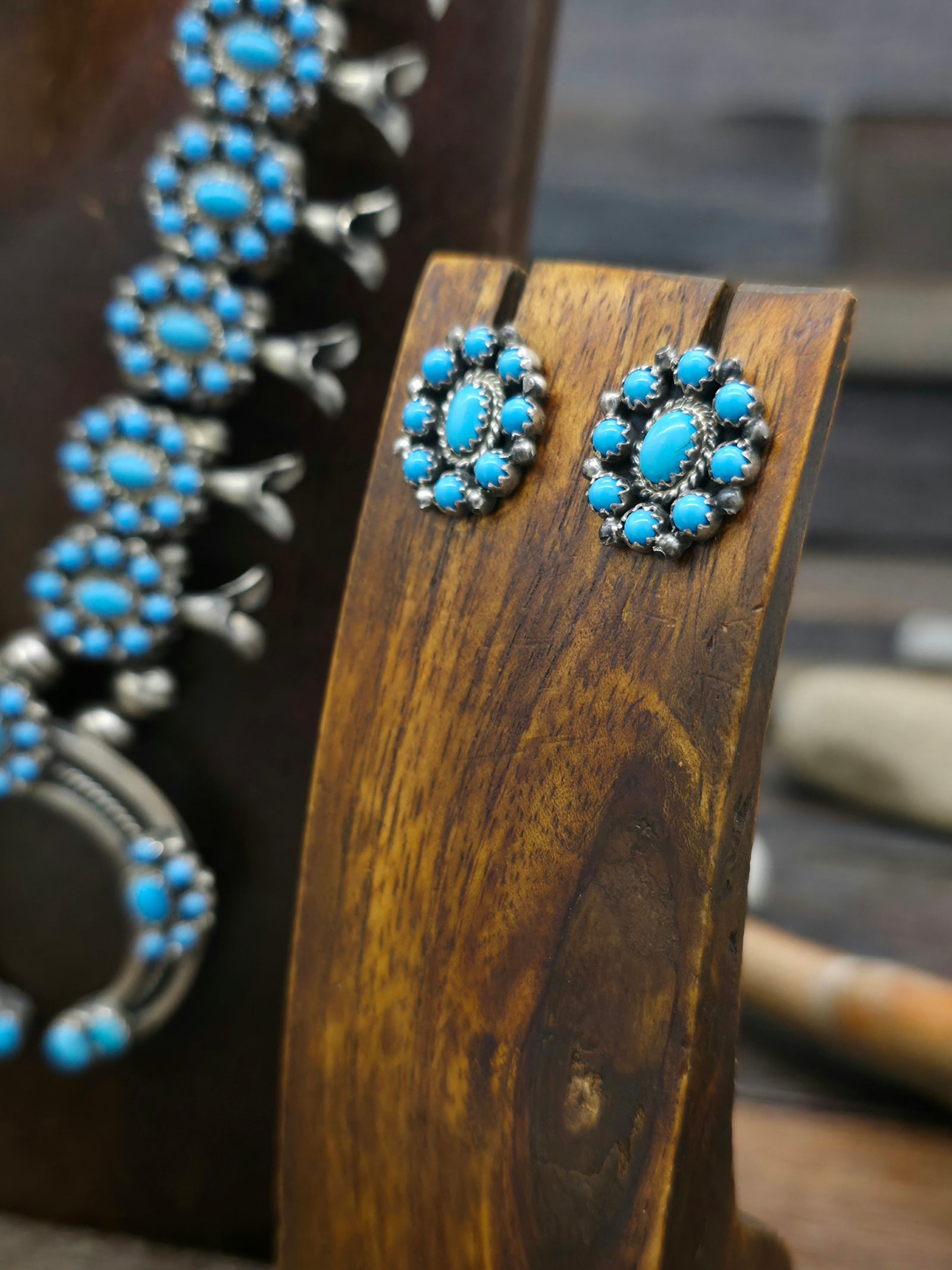 Sterling Silver Turquoise Cluster Squash Blossom Necklace and Earring Set - 22 in.