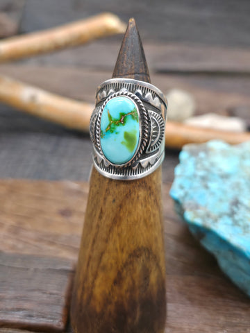 Repousse Stamped Sterling Silver Turquoise Ring by T. Jim - Size 9