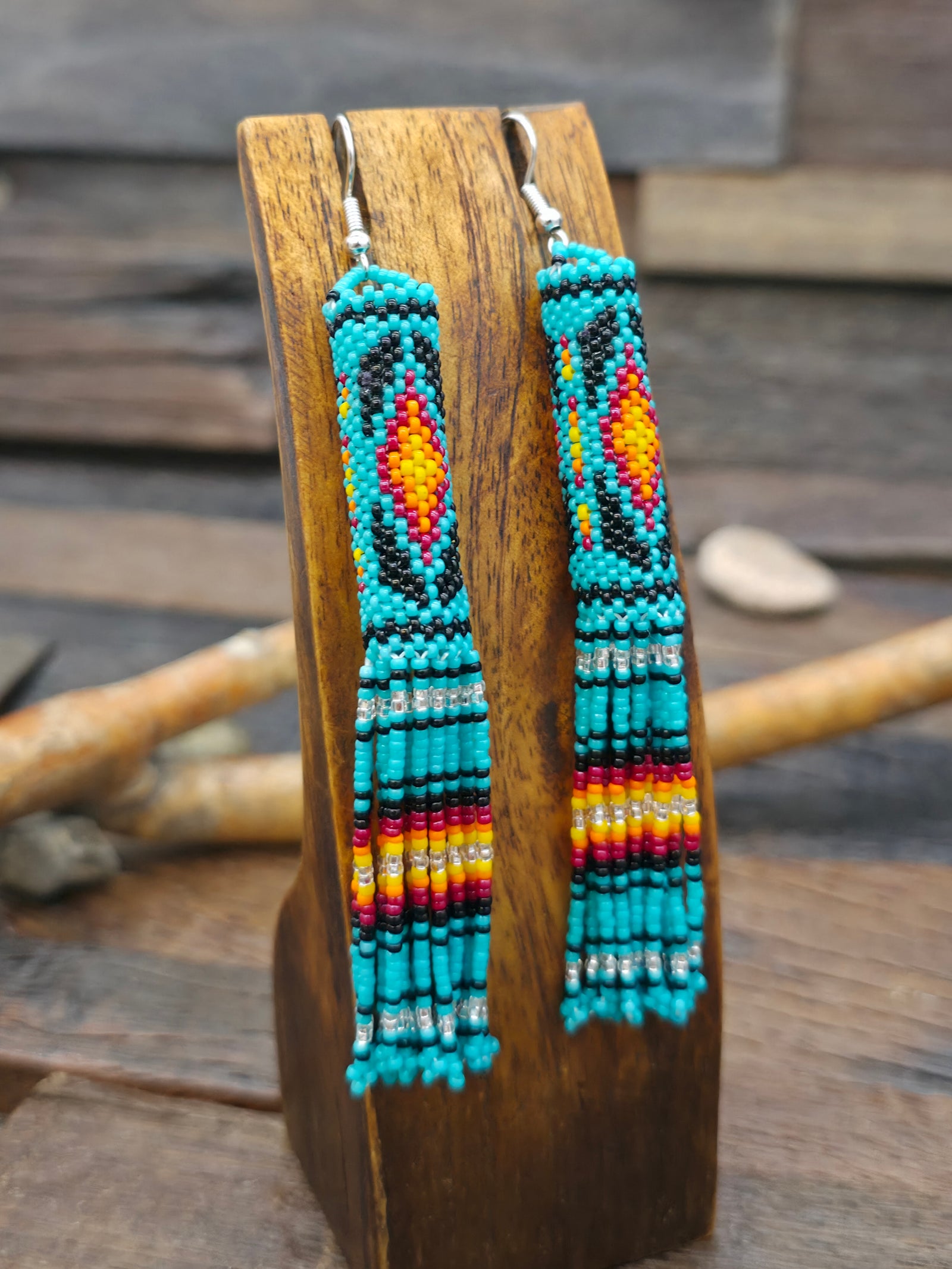 Beadwork Tassel Earrings by Margaret Lee - Teal - 4 in. by 1/2 in.