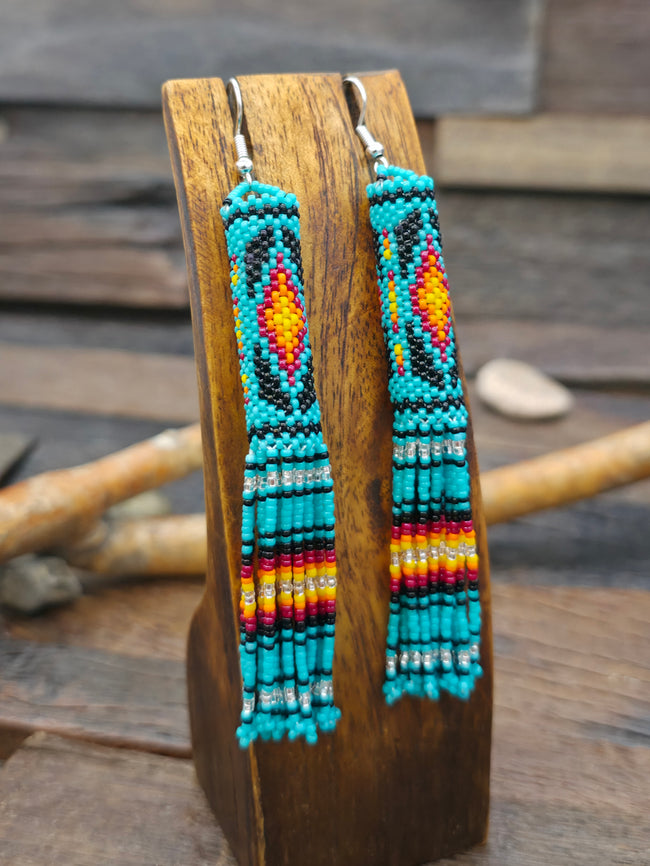 Beadwork Tassel Earrings by Margaret Lee - Teal - 4 in. by 1/2 in.