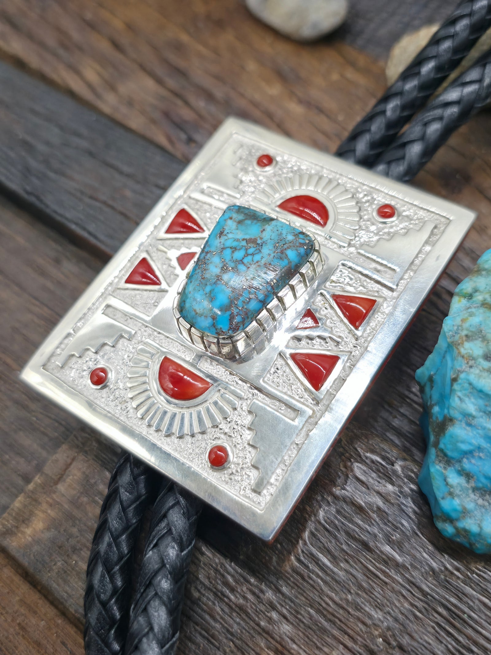 High Shine Sterling Silver Turquoise and Coral Inlay Bolo Tie by Michael Perry - 46 in.