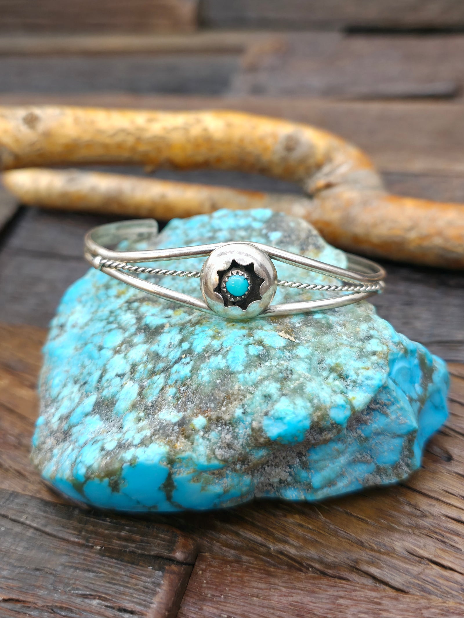 Turquoise and Sterling Silver Circle Shadowbox Cuff by Janice Spencer - 6 1/2 in.