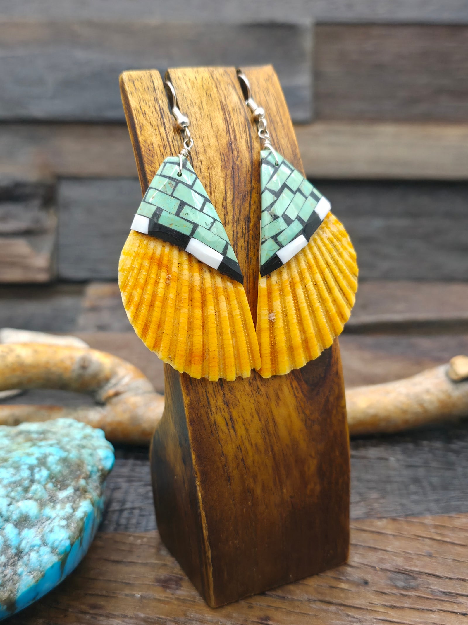 Orange Scallop and Green Turquoise Mosaic Inlay Earrings by Joe Reano - 3 in. by 1 3/4 in.