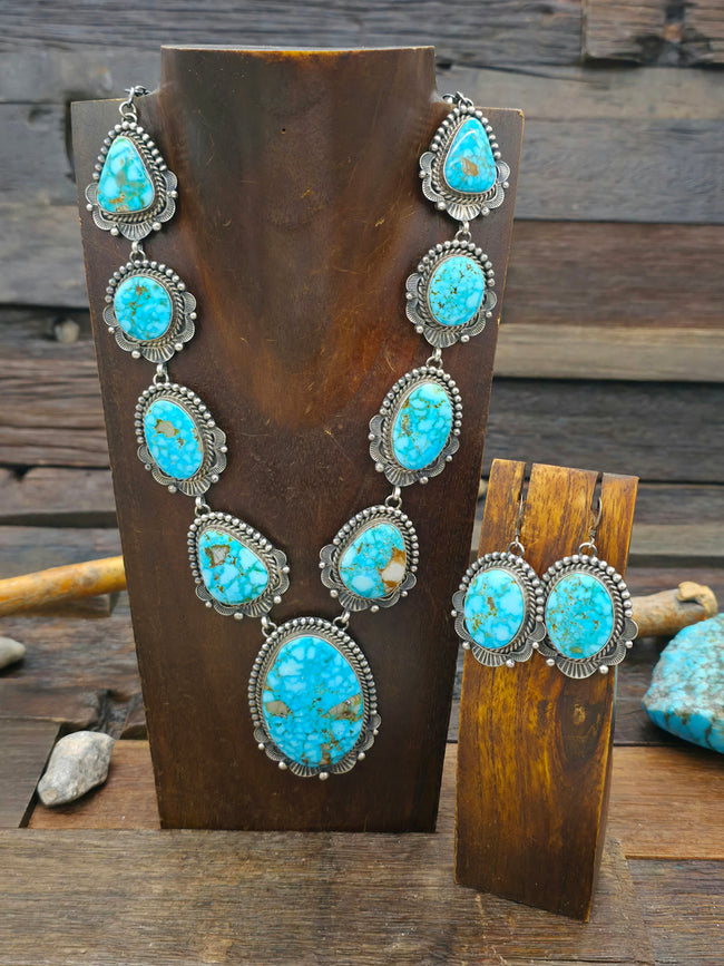 Kingman Turquoise Necklace and Earring Set by Mary Ann Spencer - 22 in.