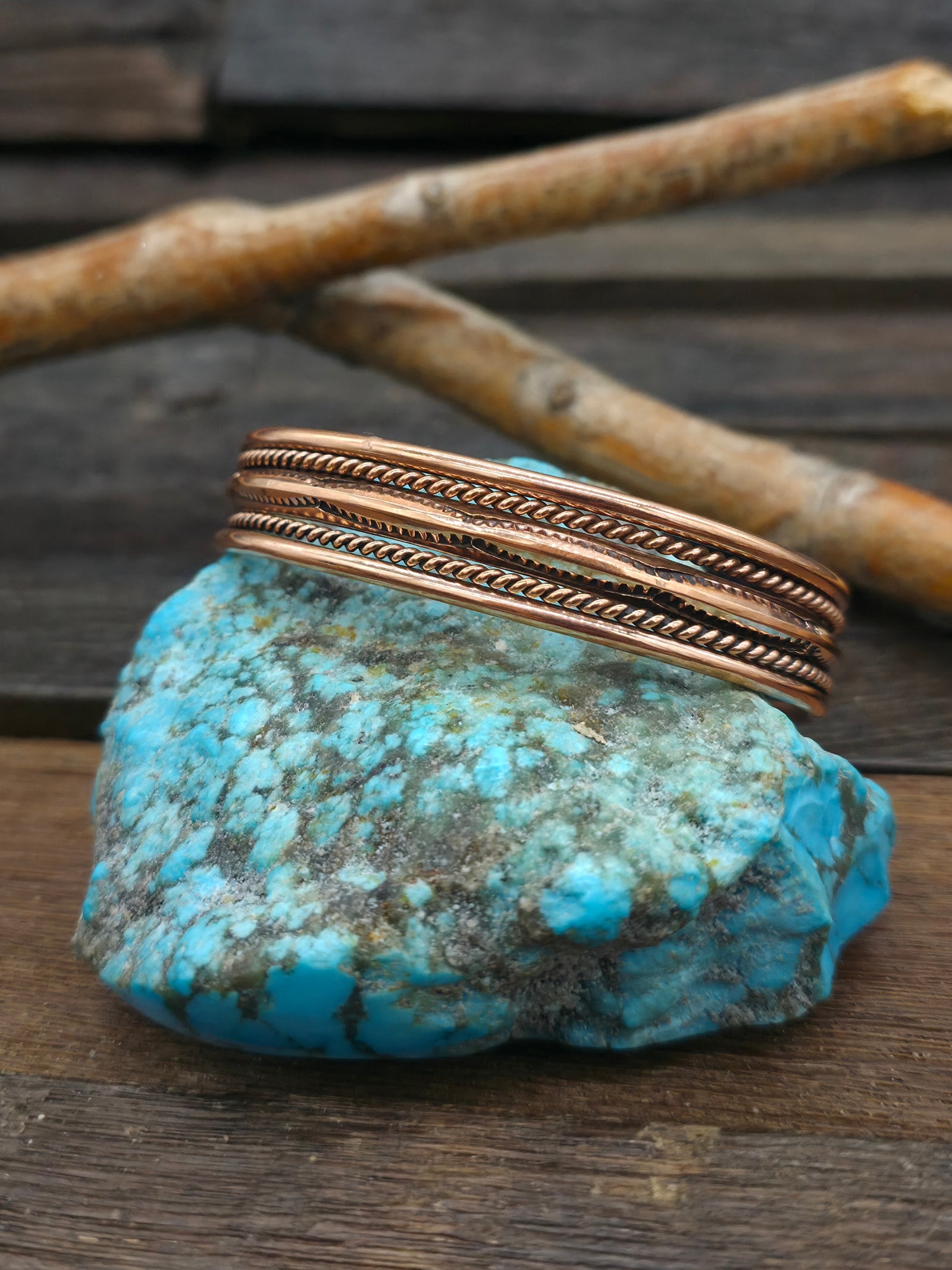 Copper Double Twist Cuff with Stamped Oval Center by Elaine Tahe - 7 1/2 in. w/gap