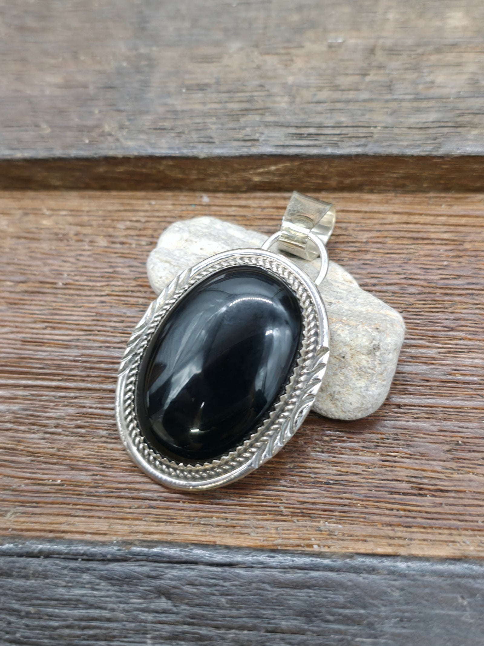 Sterling Silver Black Onyx Oval Pendant by Begaye - 2 in. by 1 in.