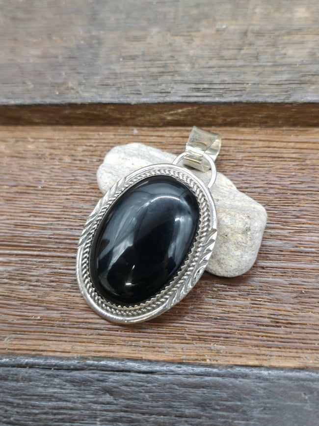 Sterling Silver Black Onyx Oval Pendant by Begaye - 2 in. by 1 in.