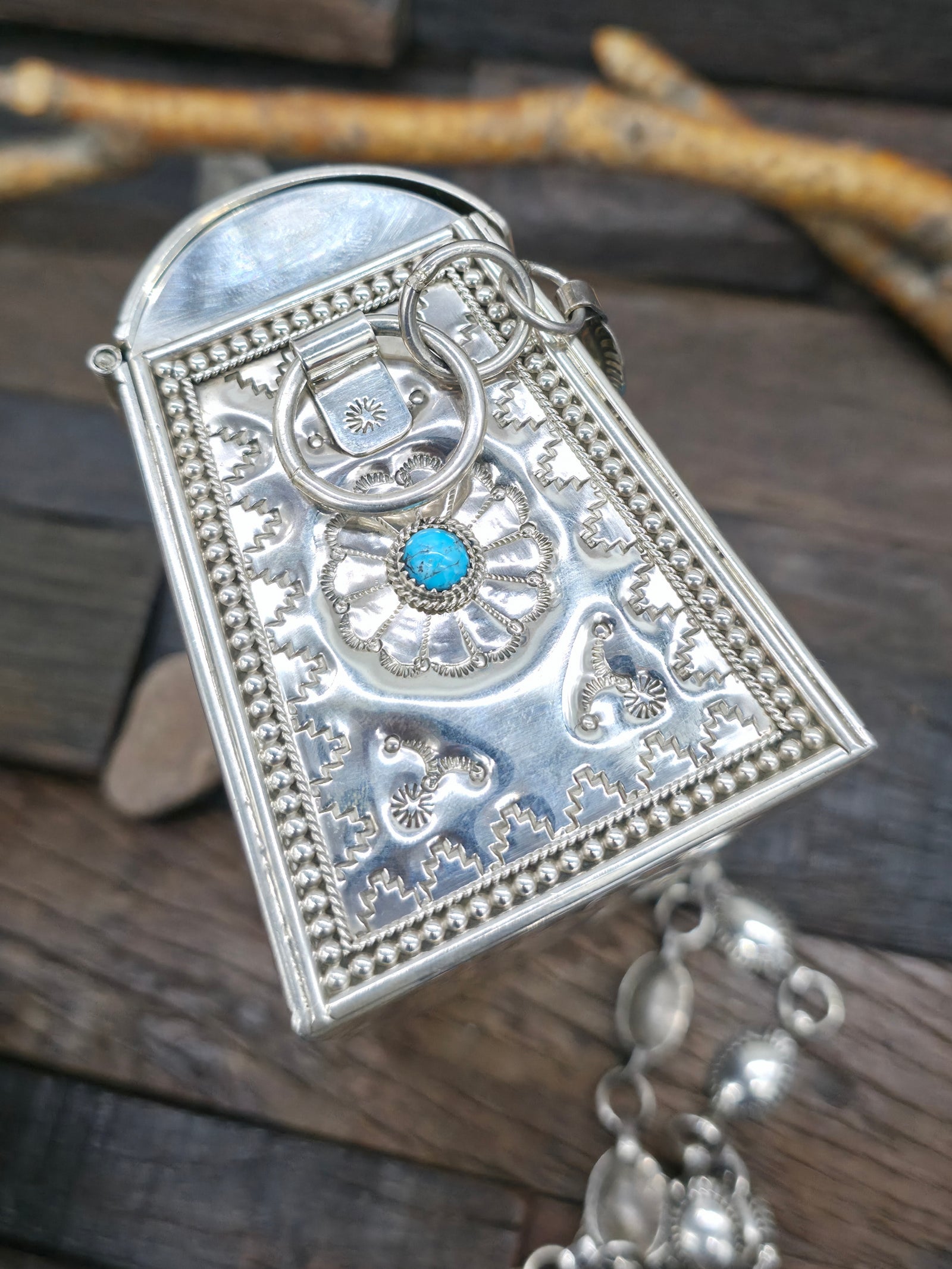 Stamped Sterling Silver Kingman Turquoise Crossbody Purse by Phil Lynn and Wilford Begay - 6 in. by 2 1/2 in. by 3 3/4 in.