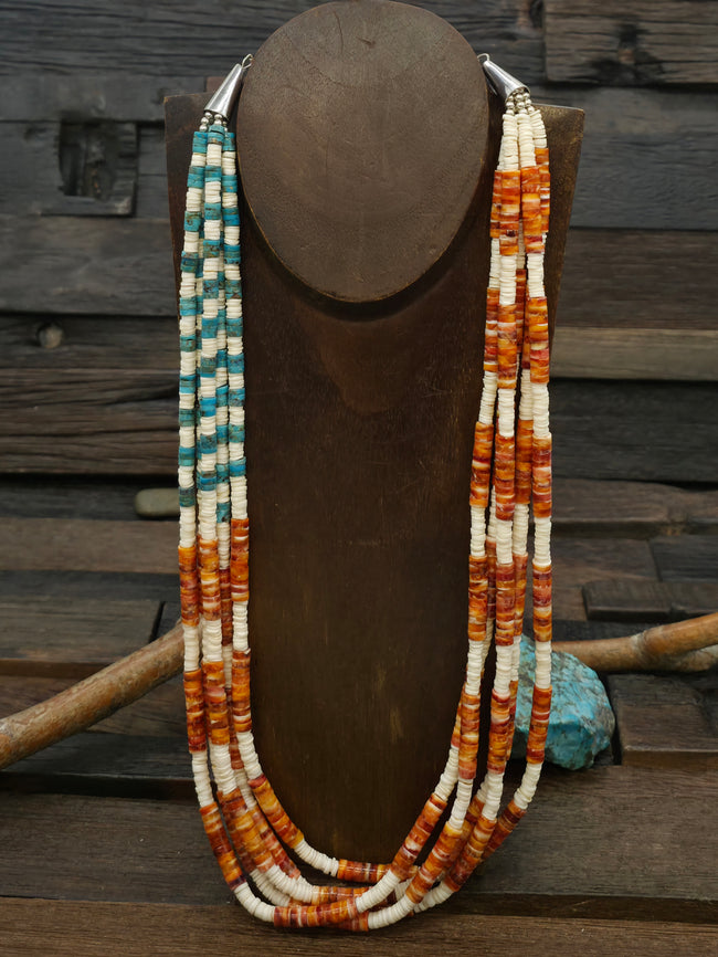Five Strand Spiny Oyster, Clam, and Turquoise Bandera Necklace by Fred Archuleta - 25 in. Plus 9 in. Extender