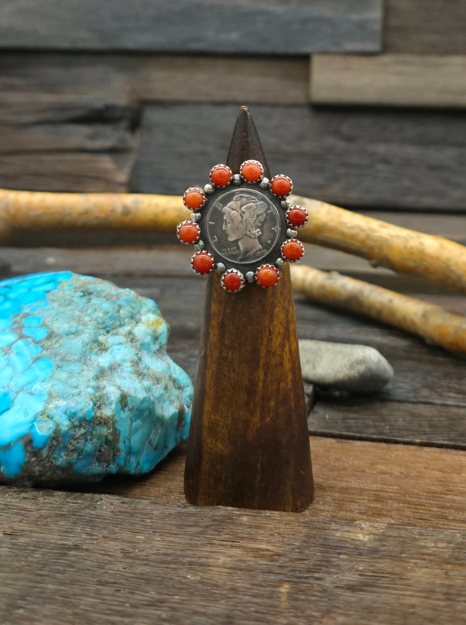 1943 Mercury Dime and Coral Ring by Larry Archuleta - Size 6 1/2