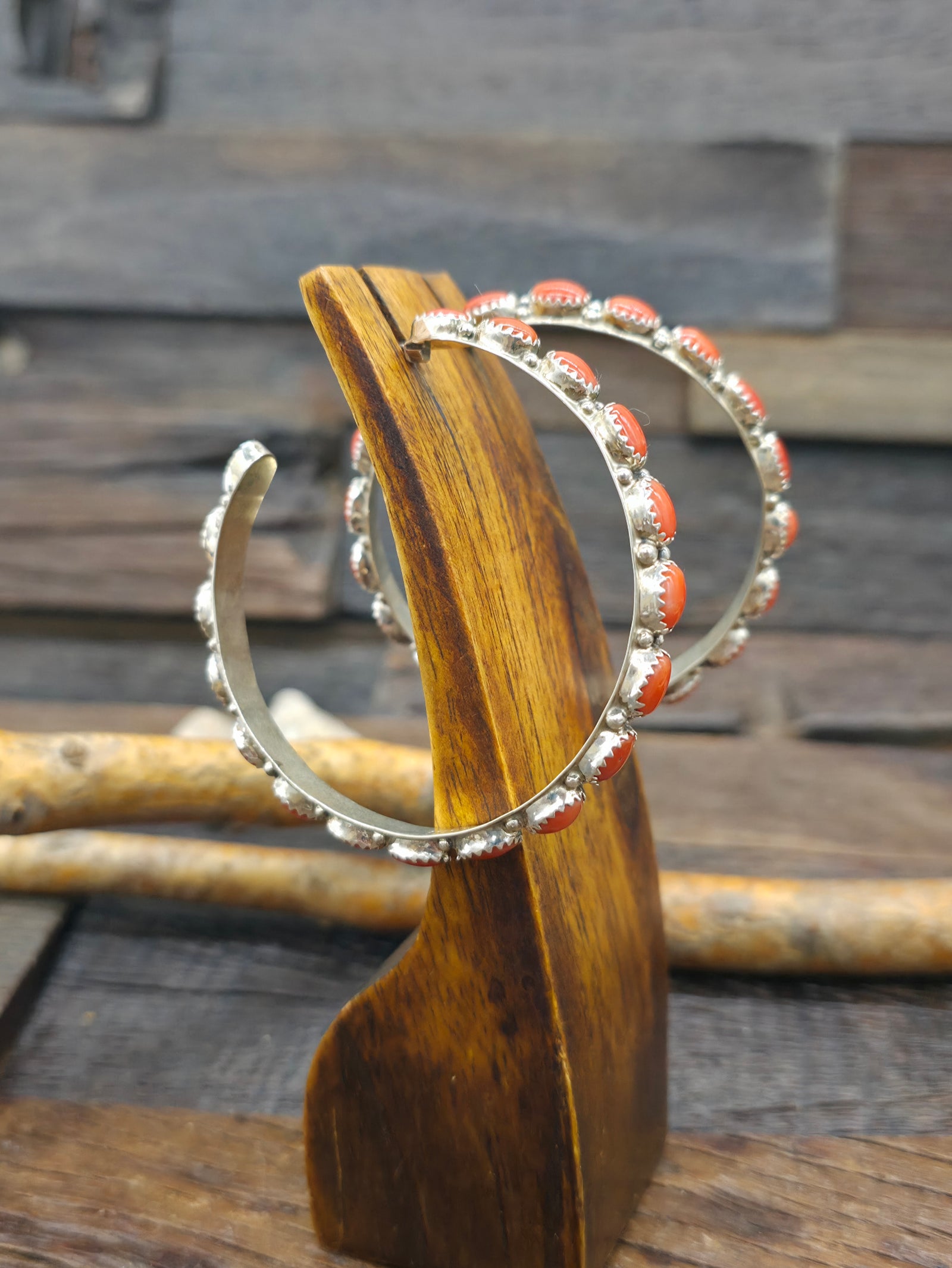 Large Sterling Silver Coral Hoop Earrings - 2 1/2 in.