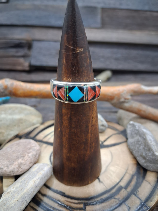 Sterling Silver Inlay w/Turquoise Red Spiny Black Onyx Fire Opal Ring Size 10 1/2