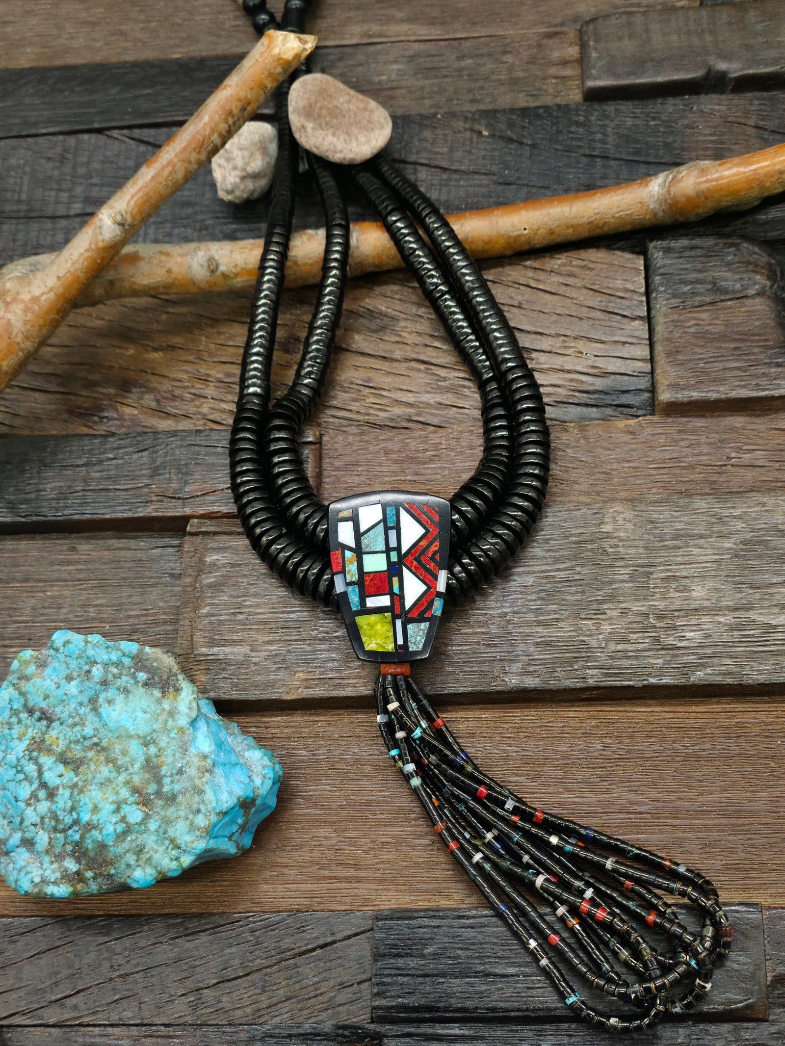 Two Strand Jet and Multi Stone Necklace with Mosaic Inlay Pendant by Chris Nieto - 23 in.