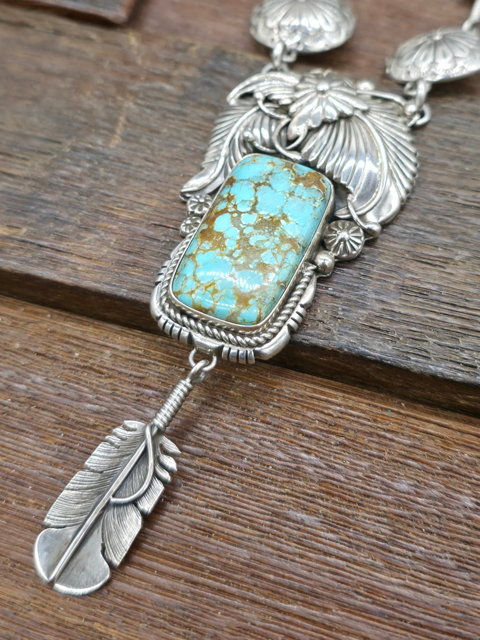 Sterling Silver Turquoise Feather and Leaf Applique Lariat Necklace by Delbert Vandever - 22 in. with 4 in. Drop