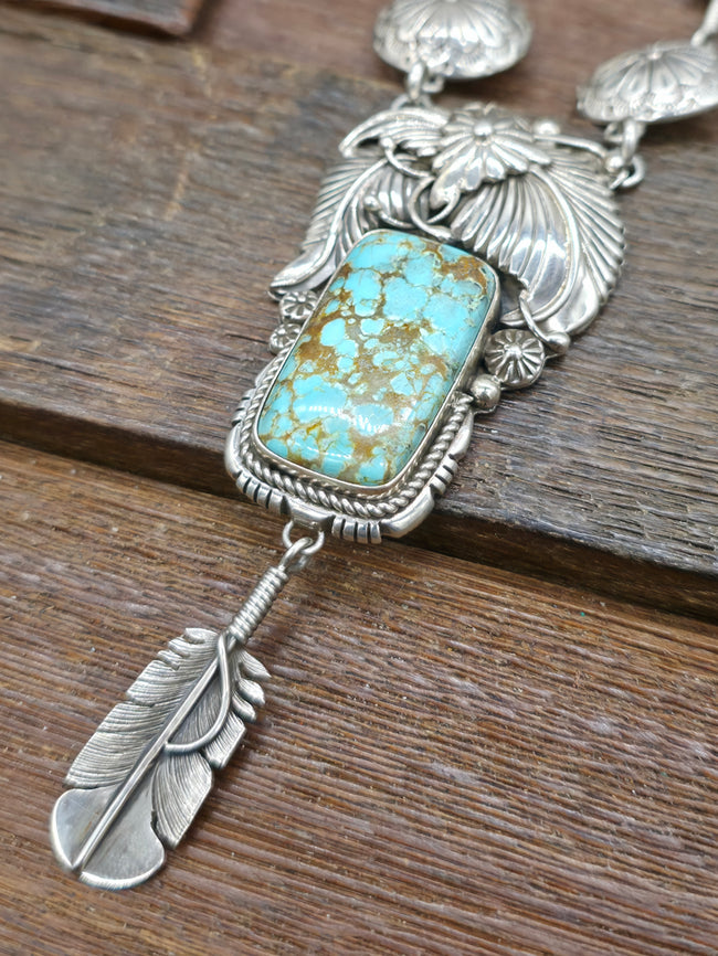 Sterling Silver Turquoise Feather and Leaf Applique Lariat Necklace by Delbert Vandever - 22 in. with 4 in. Drop