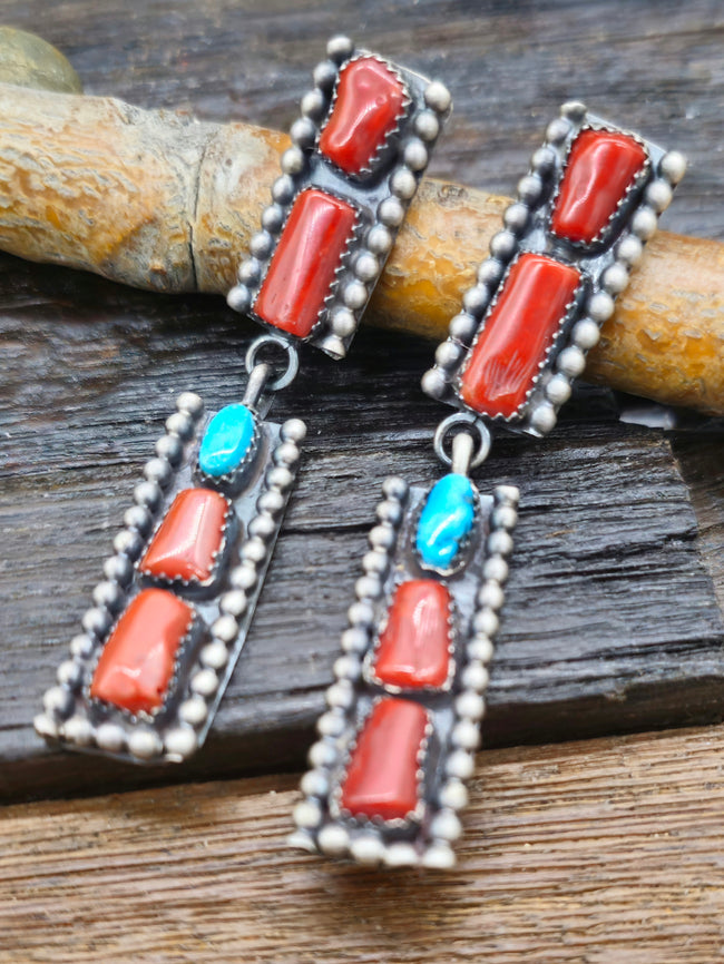 Sterling Silver, Coral, and Turquoise Earrings by L. Ganado