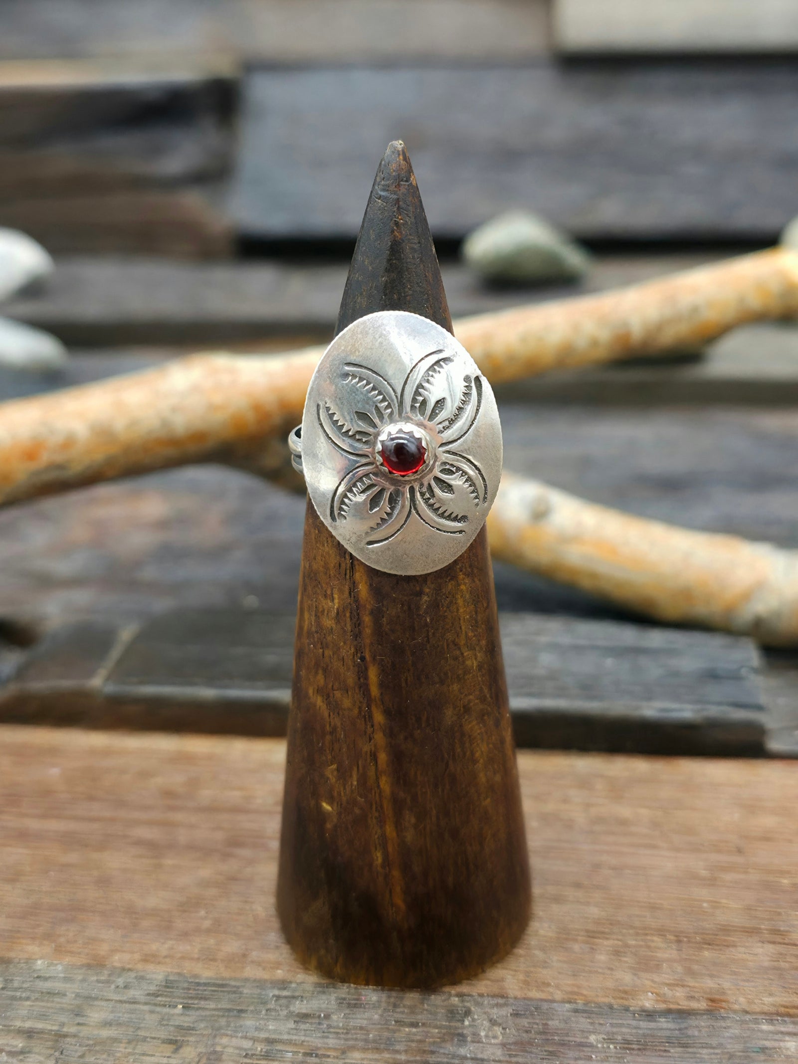 Oval Stamped Coin Silver Ring with Garnet - Size 8