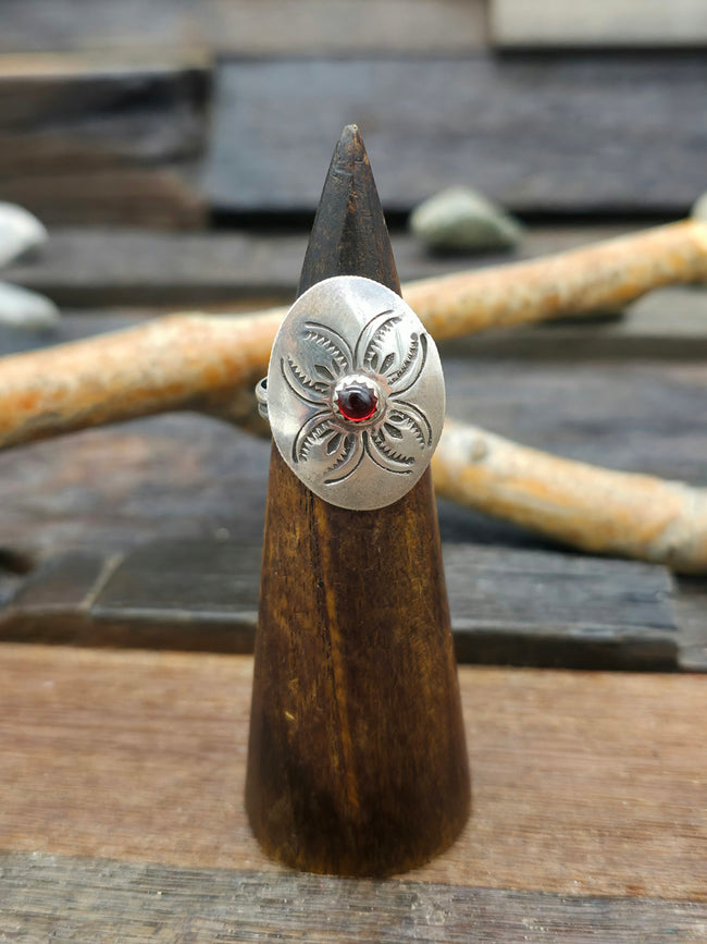 Oval Stamped Coin Silver Ring with Garnet - Size 8