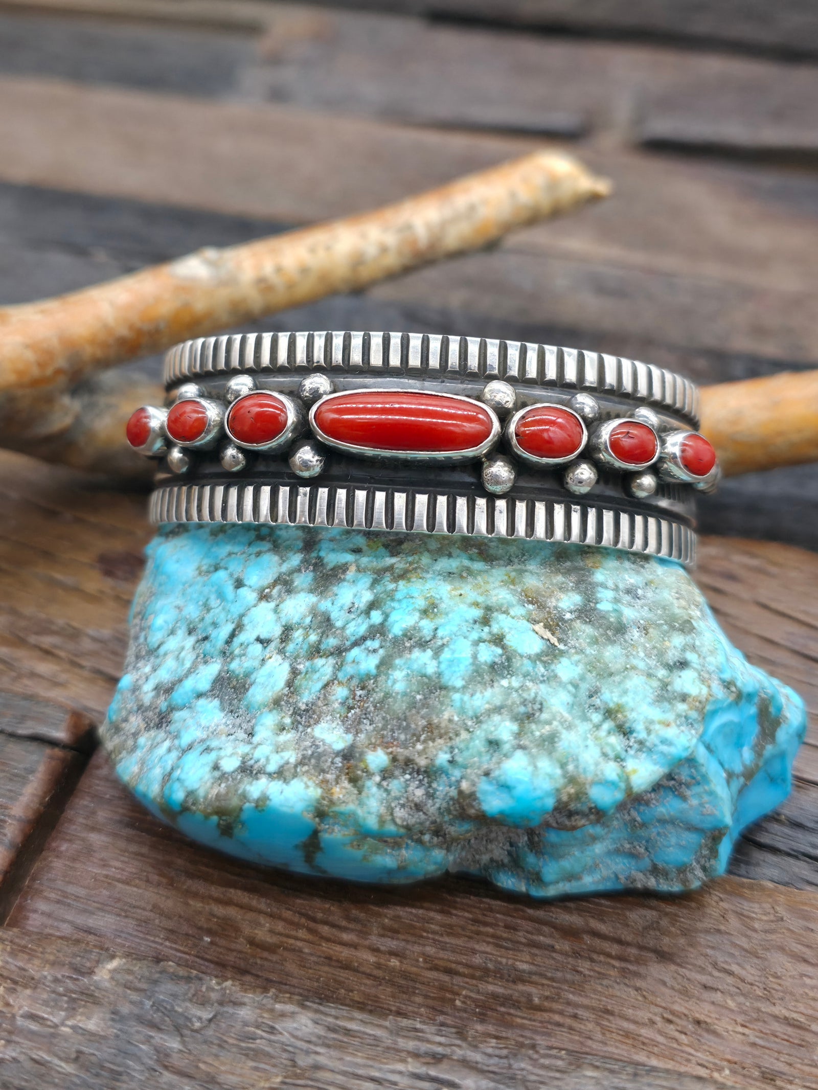 Seven Stone Coral and Sterling Silver Cuff by Albert Jake - 7 1/4 in. with Gap