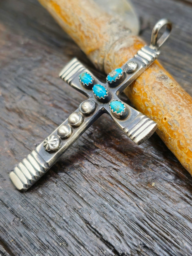 Oxidized Sterling Silver and Turquoise Cross Pendant by Martha Cayatineto