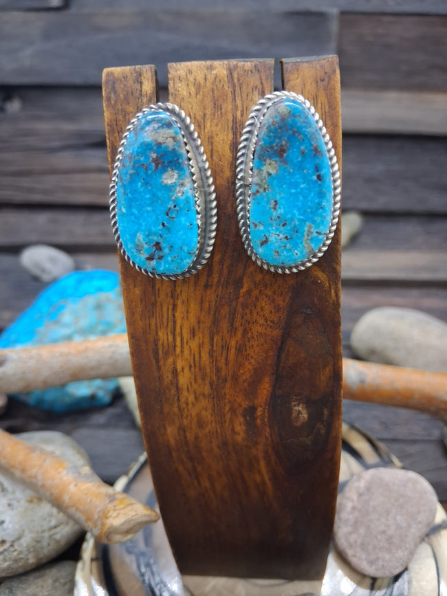 Sterling Silver Kingman Turquoise Post Dangle Earrings by Donovan Nez