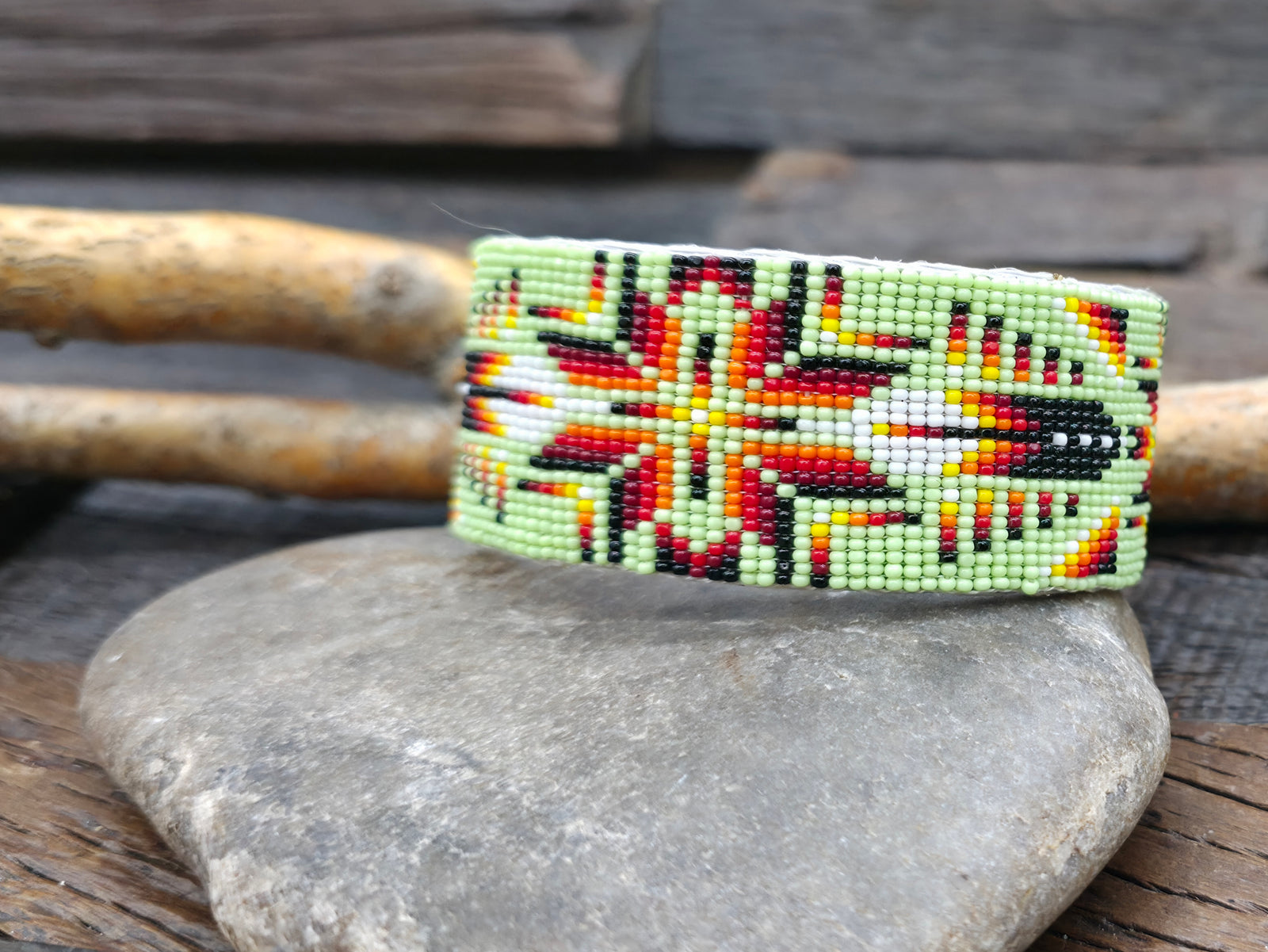 Beadwork Cuff by Dean Martin - Green, Red, and Black with Feather Design - 7 in. with Gap