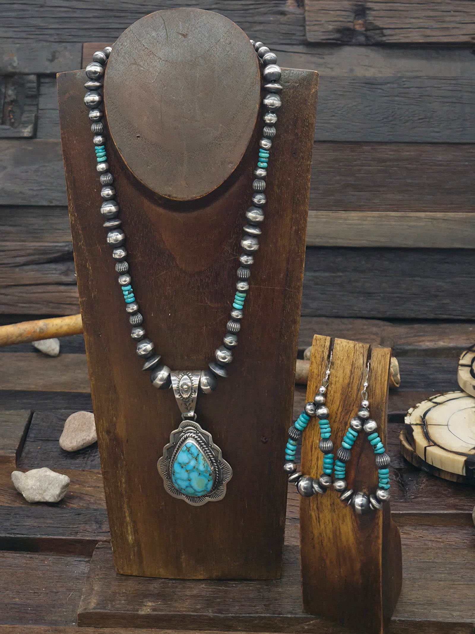 Sterling Silver Kingman Turquoise Necklace and Earring Set by J. Nelson - 18 in.