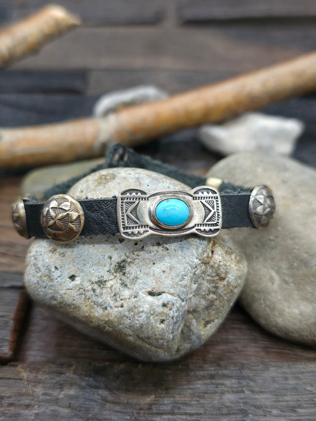 Black Leather Bracelet with Circular Sterling Silver Conchos and Single Butterfly Blue Turquoise Concho by Rick Montaño - 8 in.