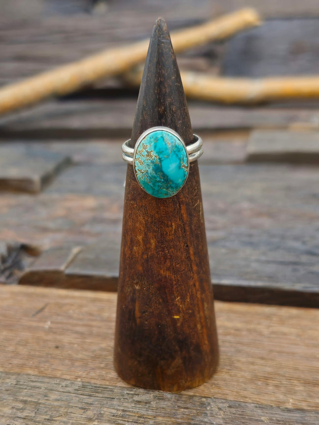 Green Turquoise Oxidized Sterling Silver Ring by Leslie Nez - Adjustable